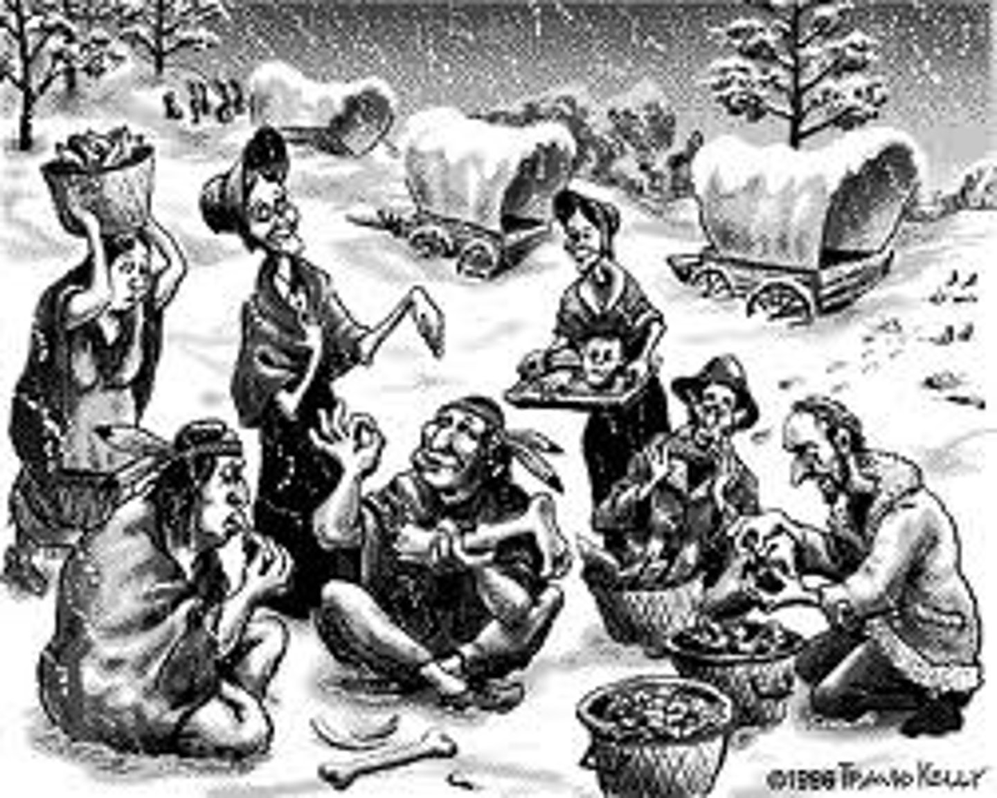 <p>group of pioneers who were stranded in the Mountains after taking a short cut getting caught in winter forcing them to become cannibals on the Oregon Trail leading west</p>