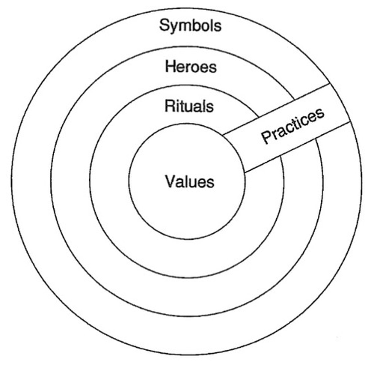 <p>Values are at the core of a culture and thus at the core of cultural differences. Rituals, heroes, and symbols are the more superficial layers</p>