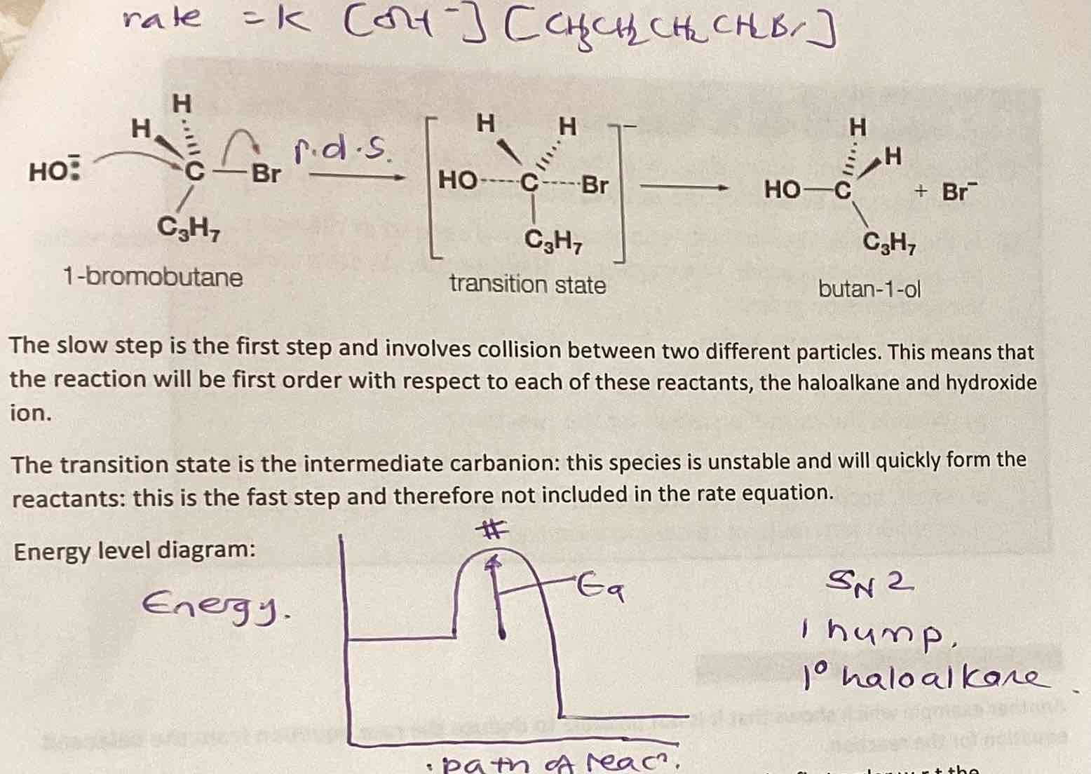 <p>Can be shown by exp to be first order with respect to the hydroxide ion and 1st order wrt halogenoalkane I.e. rate k[CH3CH2CH2CH2Br] [OH-]</p><ul><li><p>a collision between these two leads to the formation of a transition stats in the reaction SN2</p></li></ul>