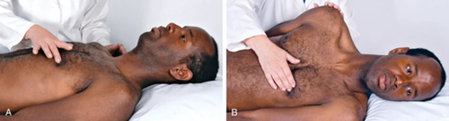 <p>Localize the apical impulse precisely by using one finger pad -> ask person to exhale and hold it to help examiner locate pulse</p><p>(may have to have person roll midway to left to find it)</p><p>You feel it best at the end of expiration when the heart is closest to the chest wall; then it moves quickly away from your finger.</p><p>Note: Location—The apical impulse should occupy only one interspace, the 4th or 5th, and be at or medial to the midclavicular line</p><p>-Size—Normally 1 × 2 cm, best measured in left lateral position</p><p>-Amplitude—Normally a short, gentle tap</p><p>-Duration—Short; normally occupies only first half of systole</p><p>ABNORMAL -> Cardiac enlargement:</p><p>Left ventricular dilation (volume overload) displaces impulse down and to left and increases size more than one space. A diameter of ≥4 cm is likely a dilated hear</p><p>(occurs with heart failure and cardiomyopathy)</p><p>A sustained impulse with increased force and duration but no change in location occurs with left ventricular hypertrophy and no dilation (pressure overload)</p><p>The apical impulse is palpable in the supine position in 25% to 40% of adults and in the left lateral position in 50% to 73% of adults</p><p>(difficult with obesity or thick chest walls)</p><p>With high cardiac output states (anxiety, fever, hyperthyroidism, anemia), the apical impulse increases in amplitude and duration.</p><p>Abnormal -> Not palpable with pulmonary emphysema because of overriding lungs.</p>