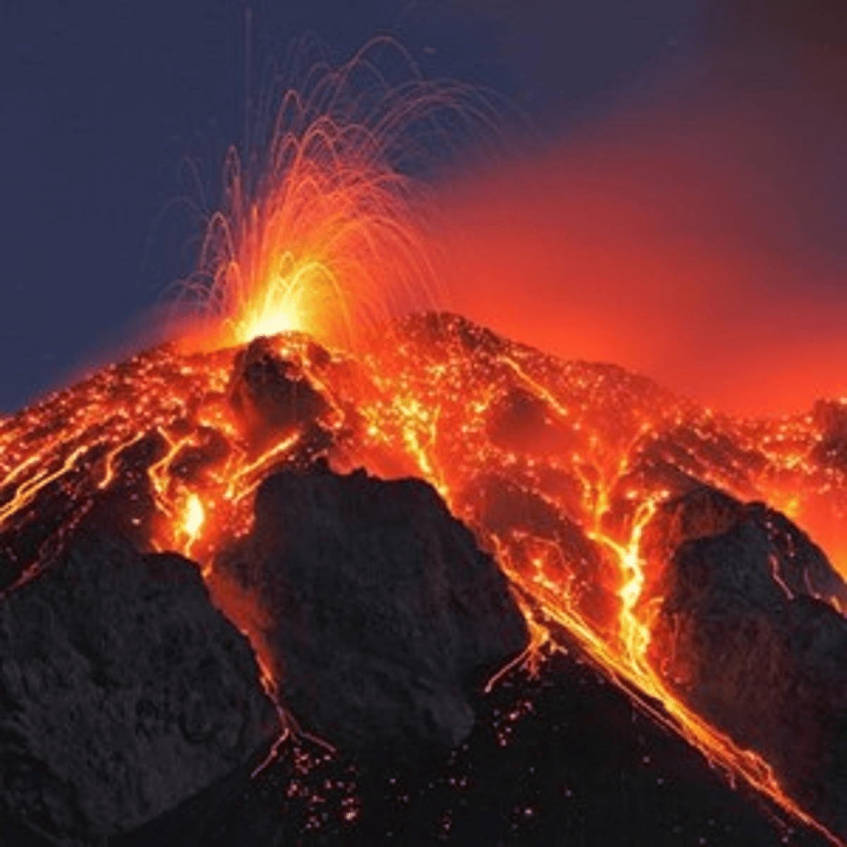 <p>a mountain that can erupt and send out lava, ash, and gas</p>