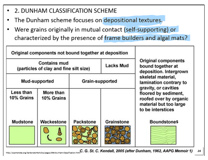 <p>Classifies using depositional textures. Rocks are divided into four main groups based on proportions of allochems and whether or not they were in contact with each other.</p><p>originally in contact = grain supported</p><p>not originally in contact = mud supported</p>