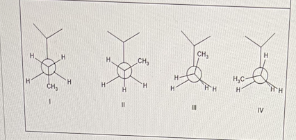 <p>Below are 4 conformers of 2-methyl pentane.</p><p class="p1">Which conformer has the lowest energy?</p>