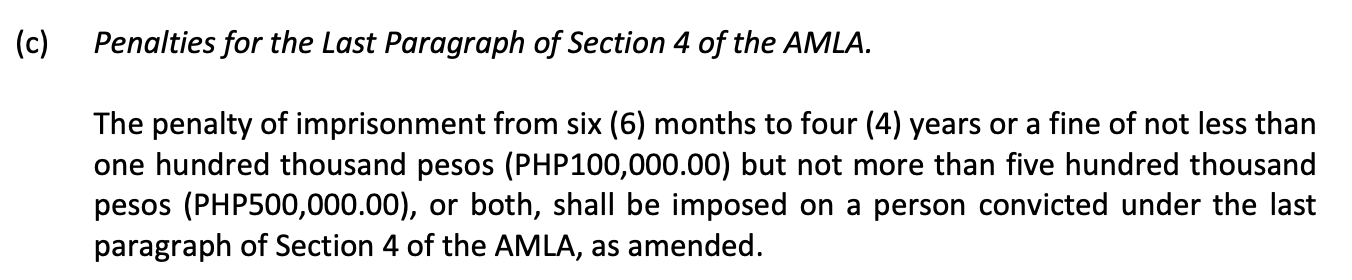<p>B) ₱100K fine per violation </p><p></p><p>Covers <strong>juridical persons</strong> (like corporations) held liable when their employees or officers commit money laundering in their official capacity.</p>