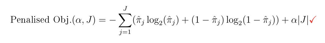 <p>Where π<sub>j</sub>&nbsp;is the empirical frequency of the response in region j, and the tree partitions of the feature space into R regions. Misclassification rate or Gini Index is also fine for the objective part.</p>