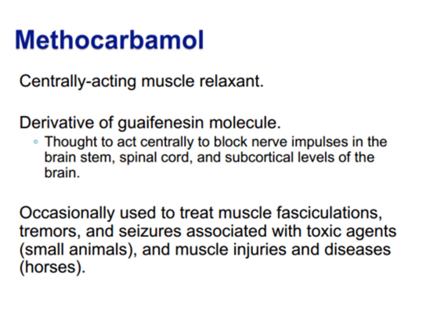 <p>Robaxin</p><p>antispasmodic (carbamate)</p><p>MOA: may decrease nerve transmission in spinal pathways to prolong refractory period of muscle cells</p><p>- hydroxylated/demethylated -> conjugation</p><p>- ADEs: drowsiness, blurred vision, headache, nausea, rash, weird colored urine (black, blue, green), anaphylaxis</p><p>- minimal sedating effects!</p>