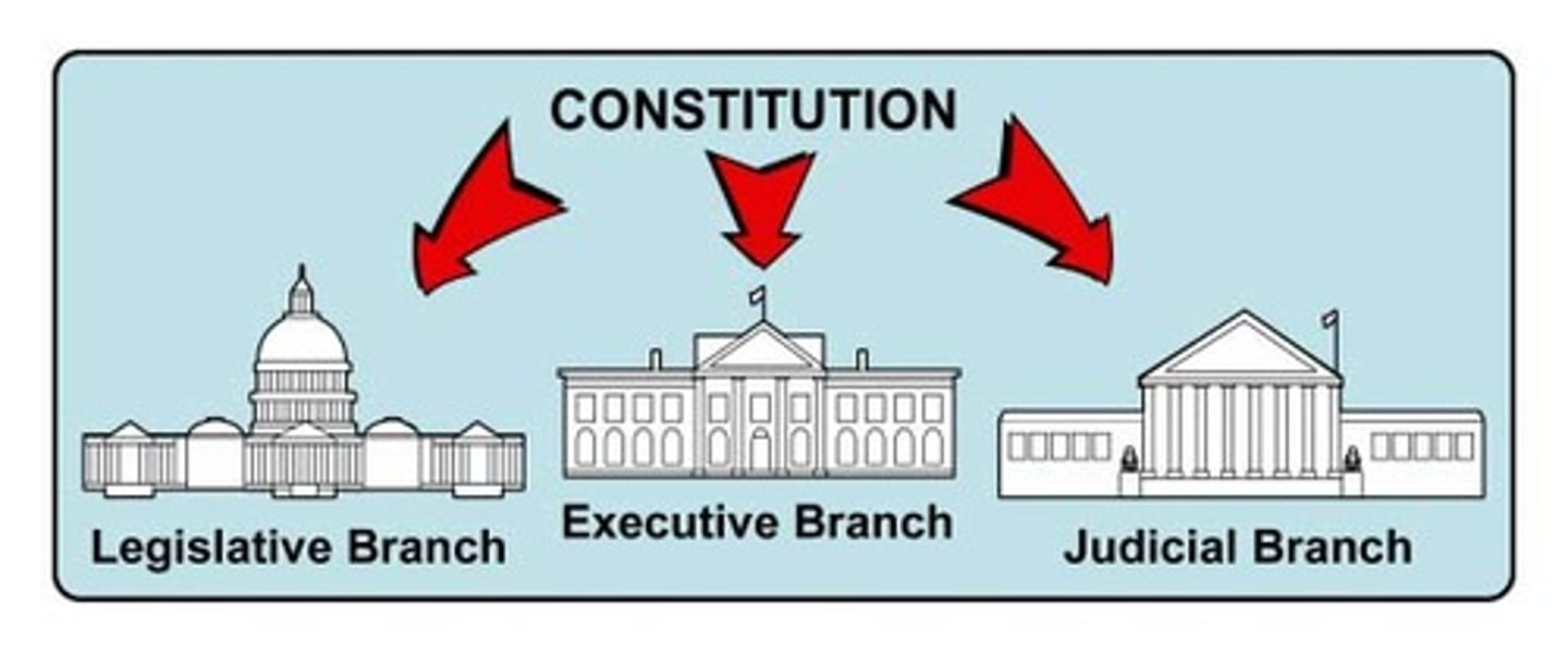 <p>division of power between the legislative, executive, & judicial branches</p>