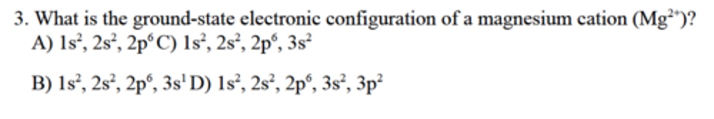 <p>What is the ground-state electronic configuration of a magnesium cation (Mg2+)?</p>