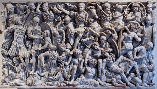Late Imperial Roman. 
c. 250 C.E. 
Marble.

Shift in handling of the dead, burial to cremation. Empire was more chaotic, battle between Romans and the Goths. 

High relief creates full gradients of values. Not a linear perspective, perhaps angled from above.