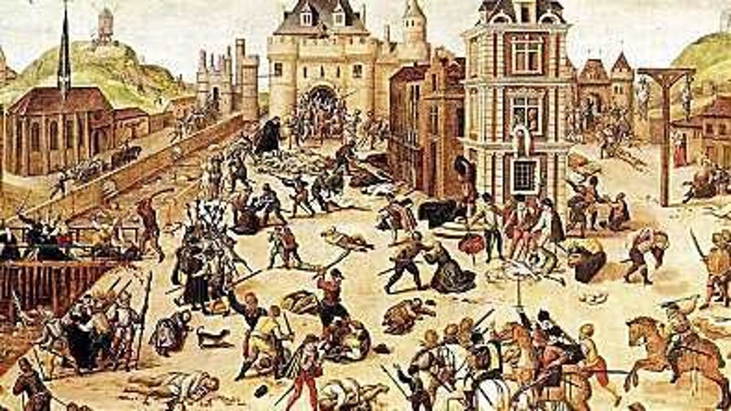 <p>1572 Event where thousands of Huguenots were murdered across France. It began as a high profile Protestant wedding taking place in Paris. Triggered the religious wars and foreshadowed the bloody wars to come.</p>