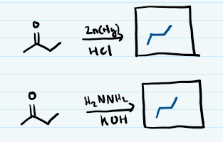 Using Zn(hg)/ HCl, or H2NNH2/KOH