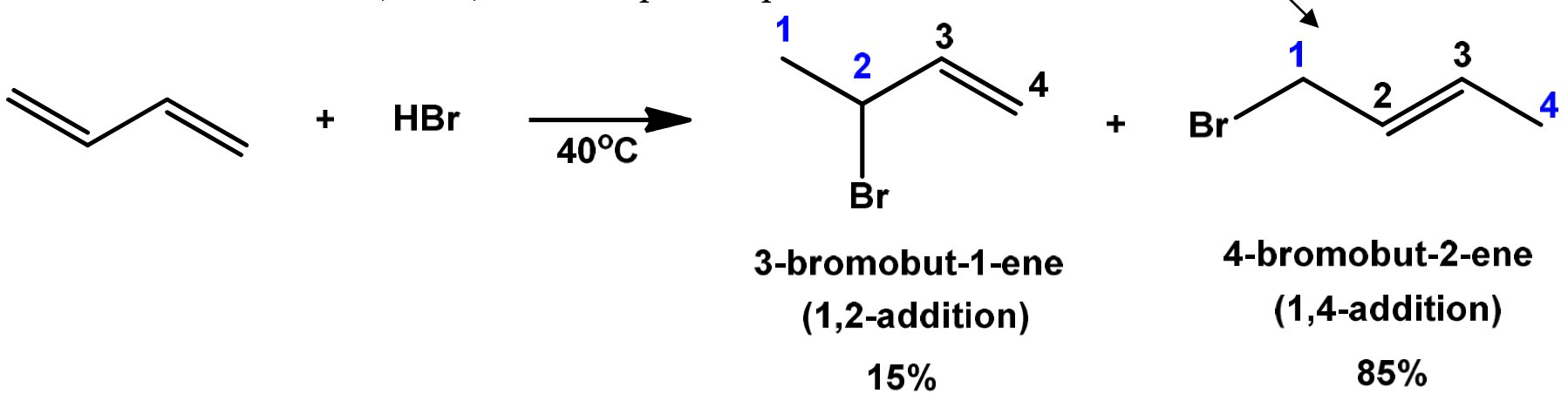 4-bromobut-2-ene (1,4 addition) 85%
- 15% 3-bromobut-1-ene (1,2 addition)