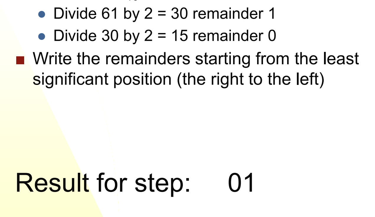 <p>Use repeated divisions</p><ul><li><p>Divide the decimal number by 2 —&gt; record the remainder of this</p></li><li><p>keep dividing by 2 until the quotient is 0. Write the remainders in reverse order (remainder gotten last at the far left and remainder gotten first at the right). this is your binary number.</p></li></ul><p></p>