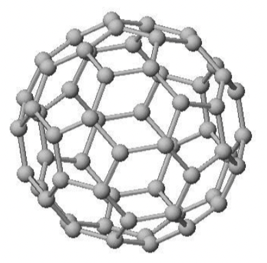 <p>60 C atoms covalently bonded into a</p><p>sphere of hexagons &amp; pentagons</p>