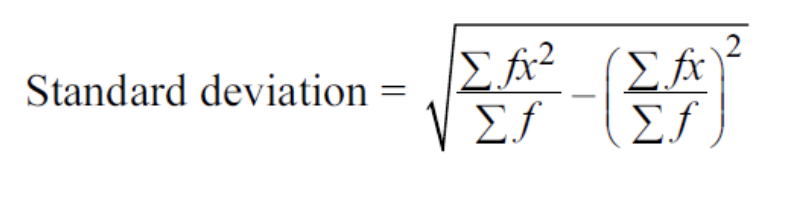 <ul><li><p><span>Σf = the sum of the frequency column</span></p></li><li><p><span>Σfx² = f x x² or fx x x² added up</span></p></li><li><p><span>takeaway the mean² </span></p></li><li><p><span>square root</span></p></li></ul><p></p>