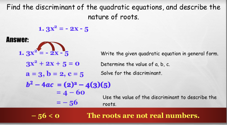 <ul><li><p>The value solved for the discriminant of a quadratic equation which has <strong>not</strong> <strong>real</strong> roots.</p></li></ul>