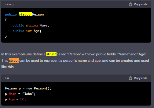 Firstly, a struct is a value type, while a class is a reference type. This means that when you create a struct, it is stored directly in memory, while an object created from a class is stored in memory, but a reference to that object is passed around.
Secondly, structs cannot inherit from other classes or structs, and cannot be inherited from. They can, however, implement interfaces.
Lastly, structs are typically used for small, simple data structures that don't require a lot of behavior. Examples of such structs are Point, Rectangle, and Color.
