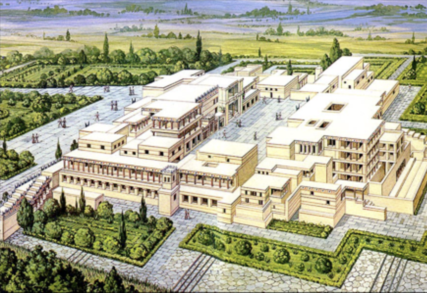 <p><span>How is space arranged and organized in the Minoan complex at Knossos?</span></p><ul><li><p>Around open areas known as courtyards</p></li><li><p>Axially and hierarchically with a clear path for visitors</p></li><li><p>Chaotically and with very little order</p></li></ul><p></p>