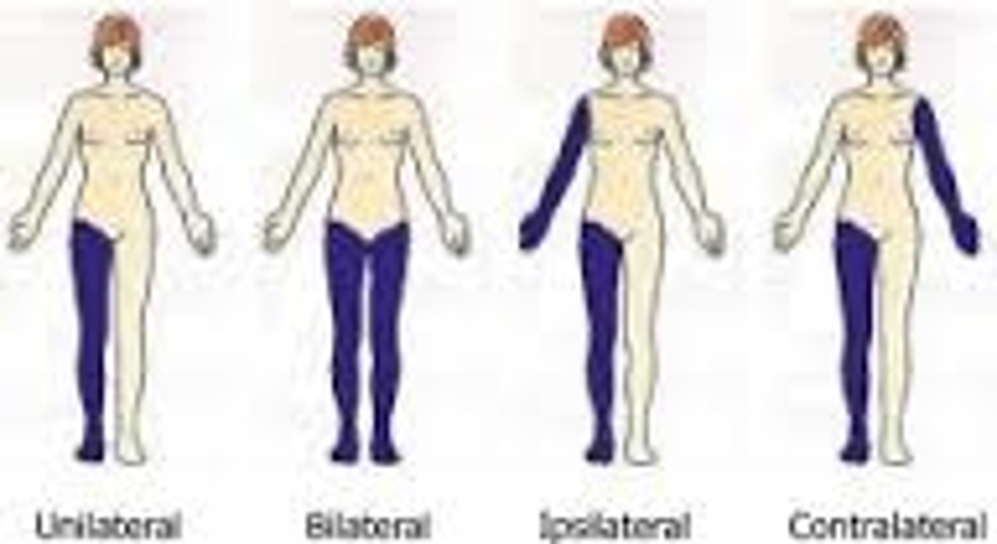 <p>On the opposite side of the body</p>