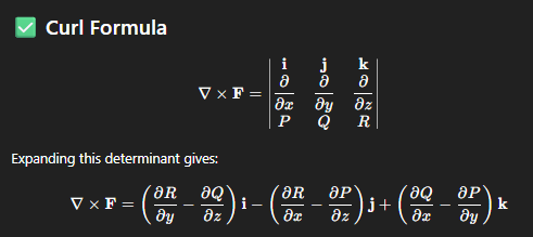 <ul><li><p>remember: <span>∇ × F (order is important) </span></p></li><li><p>expand the top row via cofactor determinant expansion</p></li></ul><p></p>