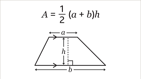 <p>½ (total length of bothh parallel sides so a + b) x height</p>