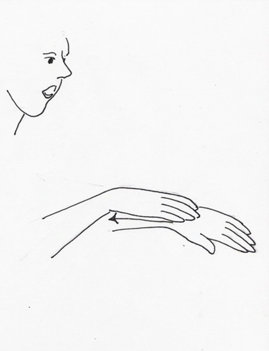 <p>Relaxed 5 handshape - face down fingertips of open hand trail up opposite forearm slowly.</p>