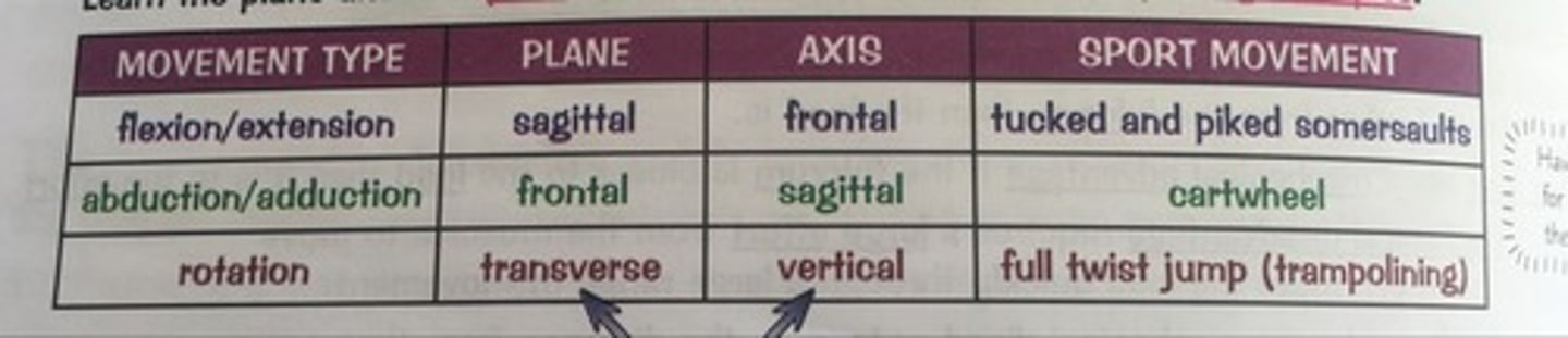<p>1) Sagittal plane &amp; frontal axis</p><p>2) Frontal plane &amp; sagittal axis</p><p>3) Transverse plane &amp; vertical axis</p>