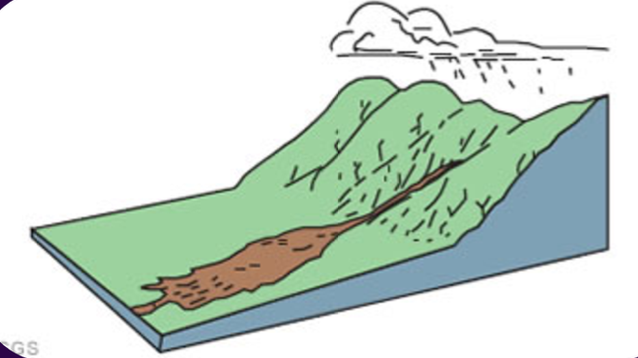 <p><strong>TYPES OF MASS WASTING:</strong></p><p>refers to the<strong> material flow</strong> caused by <strong>rainfall or seismic activity</strong></p>