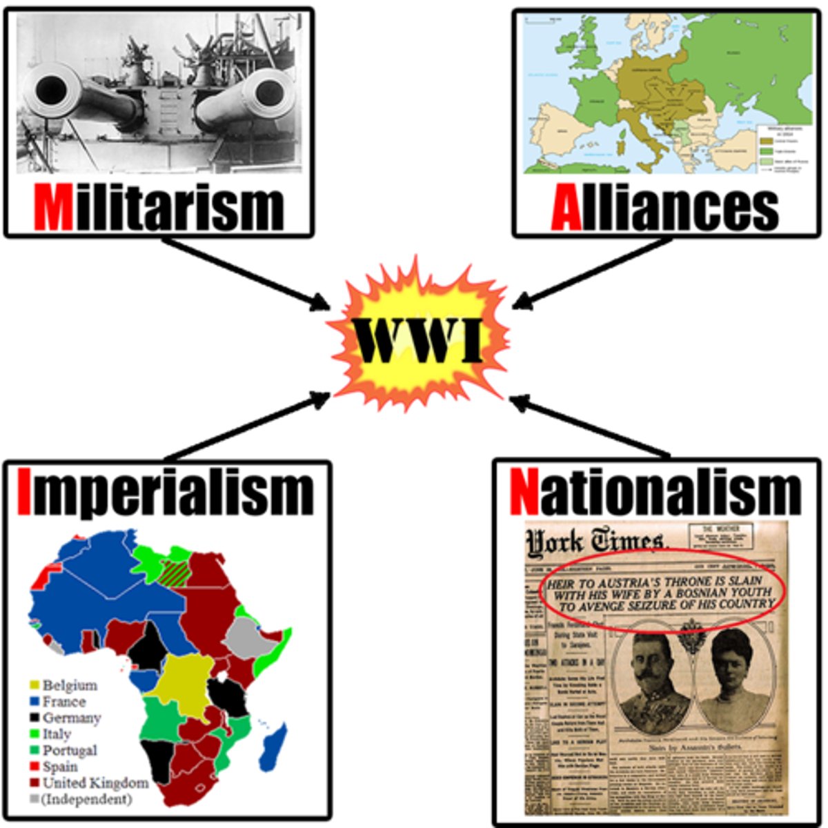 <p>-Nationalism <br>-Economic rivalries and Imperialism <br>-Militarism <br>-Entangling alliances</p>