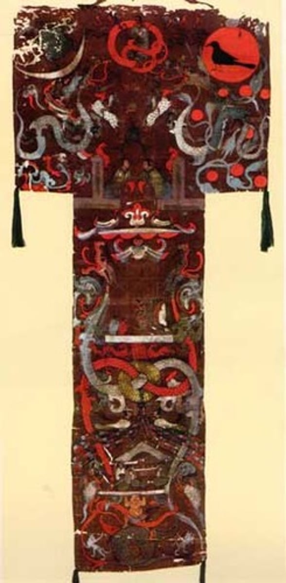 <p>China</p><p>painted silk</p><p>funerary</p><p>depicts lots of animals, formal, symmetry, narrative piece</p>
