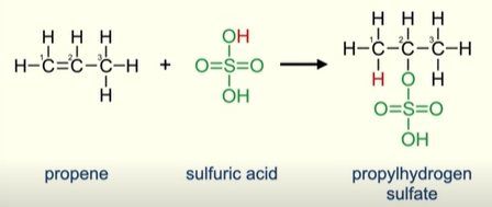 <ul><li><p>Hydrogensulfate ion will bond to the more stable carbocation</p></li></ul><p></p>