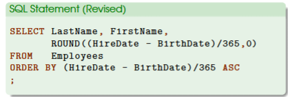 <ul><li><p>by doing so, we can tell who is the youngest or oldest at the time of hiring</p></li><li><p>first, add a new block ORDER BY here</p><ul><li><p>calculations can be used with this block</p></li></ul></li><li><p>ASC is used to present the youngest employee based on age first</p></li></ul><p></p>