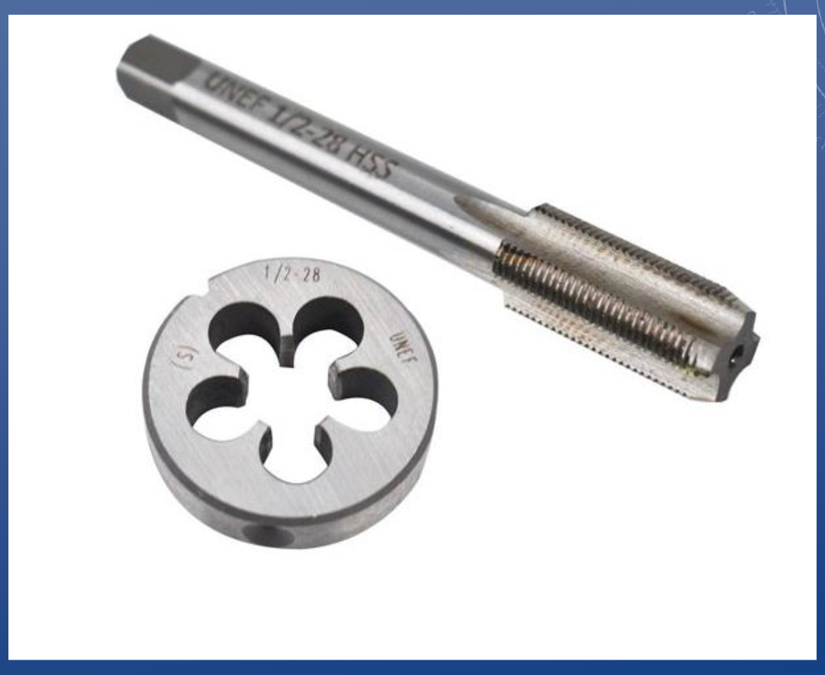 <p>TAPS</p><p>• Used for cutting internal threads into a hole</p><p>• Note the tapered tip</p><p>• Cannot tap to the bottom of a “blind” hole (i.e. a hole that doesn’t go all the way through)</p><p>DIES</p><p>• Used for cutting external threads (i.e. threaded rods and bolts)</p><p></p>