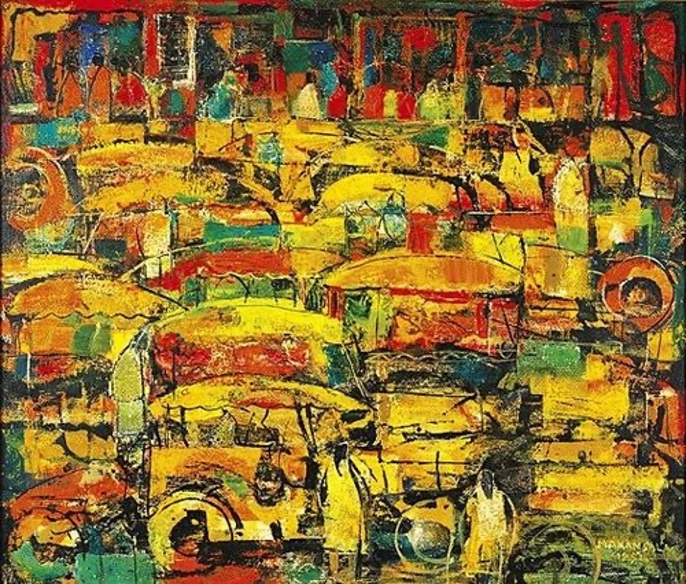 <p>By Vicente Manansala</p><p>- Busy life but a happy one (depicted by the colors)</p>