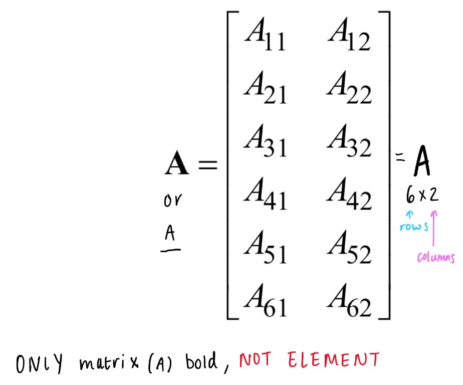 <ul><li><p>Matrix <strong>bold</strong> (collection of numbers)</p></li><li><p>Elements not bold (only one element, not a collection)</p></li><li><p>Can write elements with comma or without - e.g. A<sub>52</sub> OR A<sub>5,2</sub> </p></li></ul><p></p>