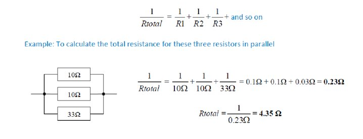<p>1/Rtotal = 1/R1 + 1/R2 + 1/R3 and so on.</p>