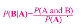 <p>P[B|A] = P[A and B] / P[A]</p><ul><li><p>always divide by the probability of the event given! (B, GIVEN A)</p></li><li><p>ex. finding the probability of being in 1st class and surviving (not disjoint)</p></li></ul><p></p>