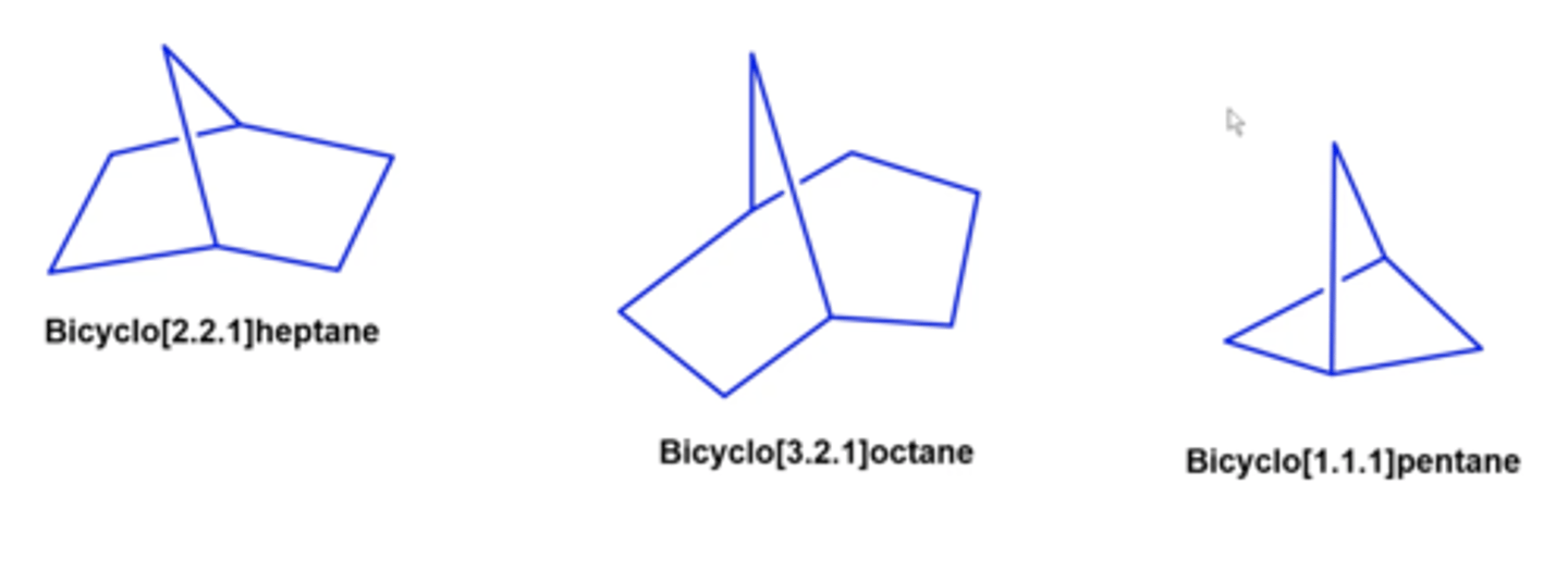 <p>bicyclo [a.b.c] parent name</p><p>-count total number of carbons across the entire molecule (this is the parent name)</p><p>-count the number of carbons to the left, right, and above bridgehead carbons, and those are [a.b.c] from HIGHEST to lowest</p>