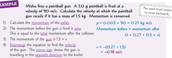 <ol><li><p>Calculate momentum of pellet</p></li><li><p>The momentum before gun is fired is 0. This is equal to total momentum after collision</p></li><li><p>The momentum of gun id 1.5 x v</p></li><li><p>Rearrange equation to find velocity of gun. The minus sign shows the gun is travelling in opposite directions direction to bullet</p></li></ol>