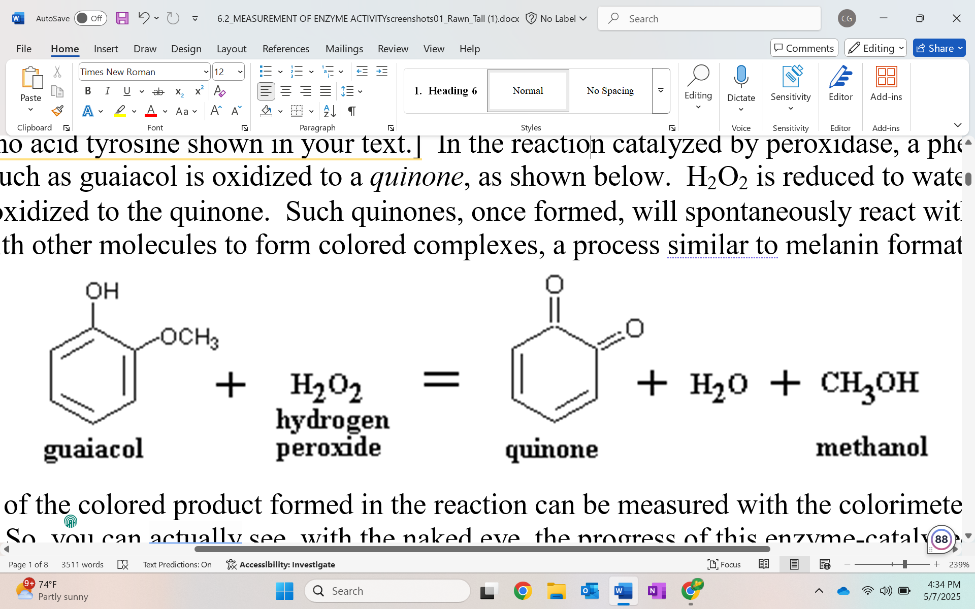 <p>guaiacol gets oxidized to quinone</p><p>H2O2 gets reduced to water</p><p>methanol is by product</p>