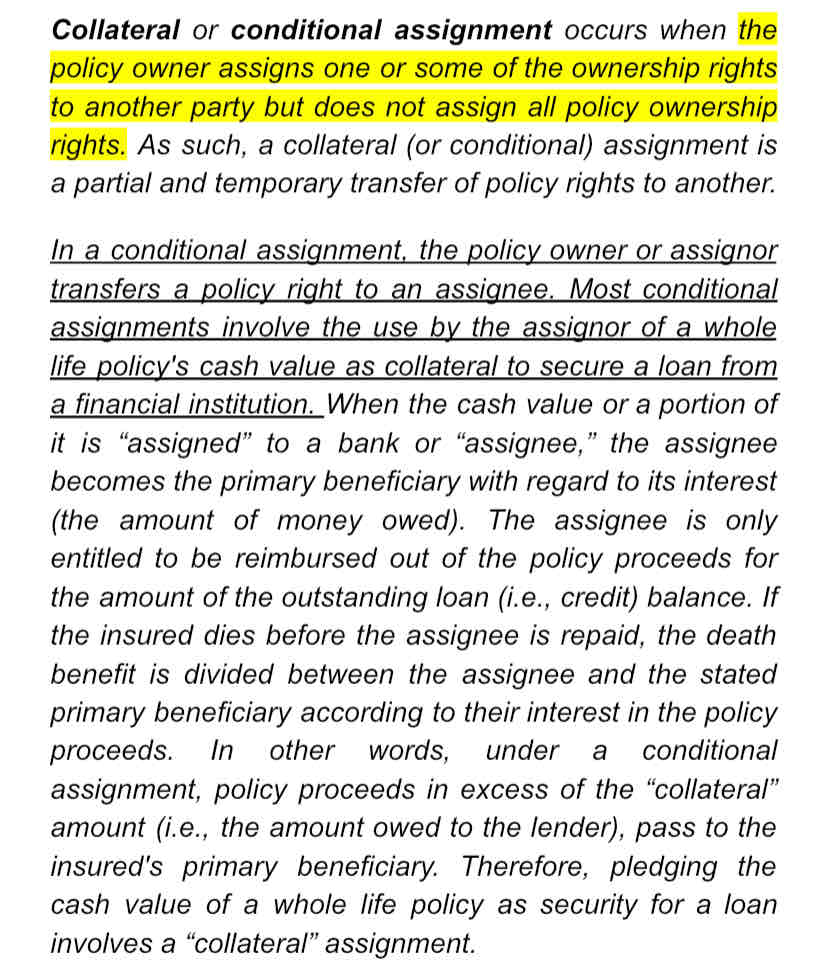 <p>Ownership of a life insurance policy may be temporarily transferred with a(n)</p><ul><li><p>collateral assignment</p></li><li><p>absolute assignment</p></li><li><p>transferable assignment</p></li><li><p>beneficiary assignment</p></li></ul>