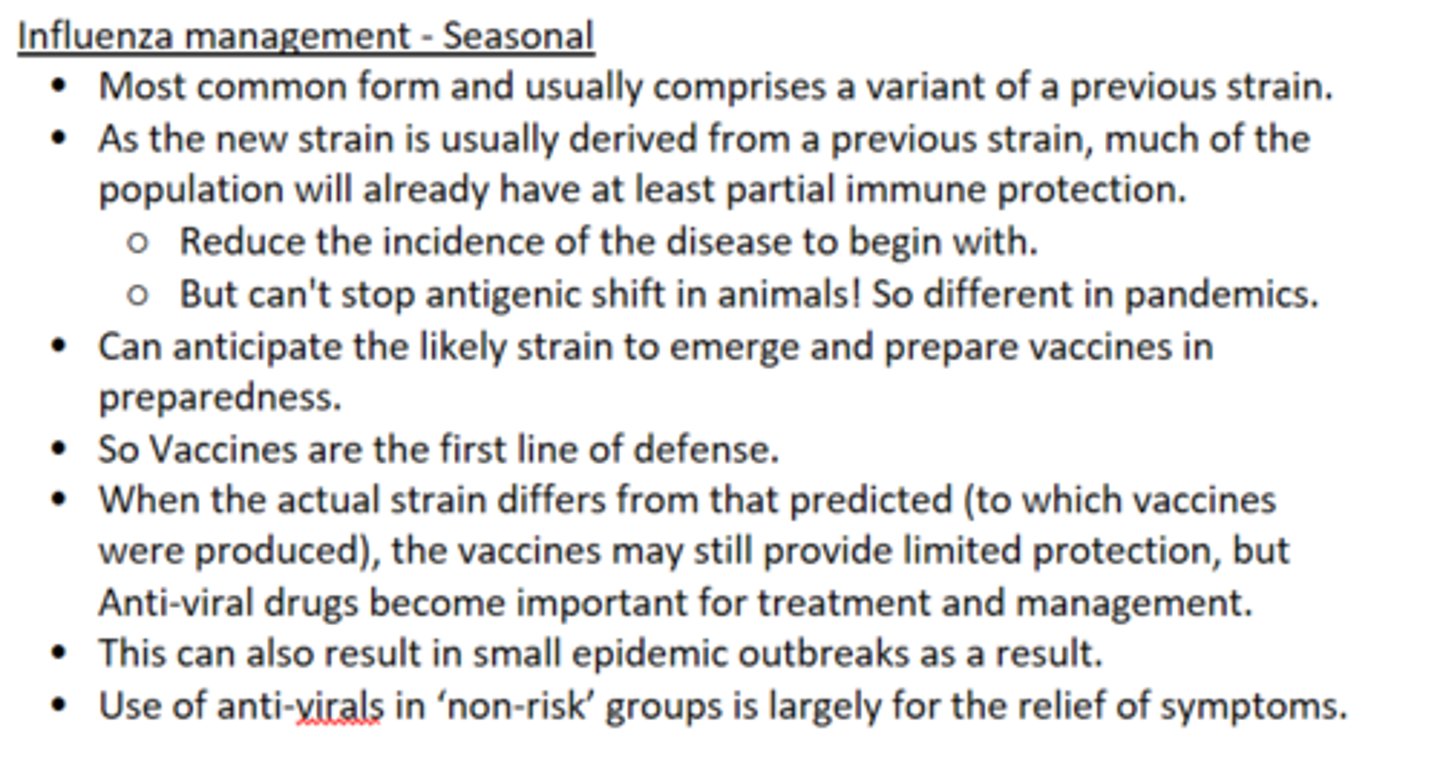 <p>- Vaccines!</p><p>- New strain normally derived from previous strain.</p><p>- So most population will have partial immunity.</p><p>- But can't stop antigenic shift in animals!</p>