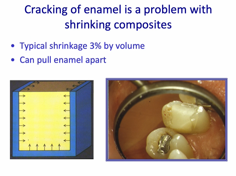 <ul><li><p>most composites shrink on polymerisation - can put a<em> strain </em>on cavity margin&nbsp;</p></li><li><p>this will be increased as the volume of the cavity margin increases - and the number of walls which are opposing each other&nbsp;</p></li><li><p>typical shrinkage 3% by volume&nbsp;</p></li><li><p>can pull enamel apart&nbsp;</p></li><li><p>right image - white line in the enamel is caused by stress from the composite </p></li></ul><p></p>