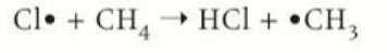 <p>the free radical reacts with a hydrogen atom to form a HCl and methyl free radical </p>