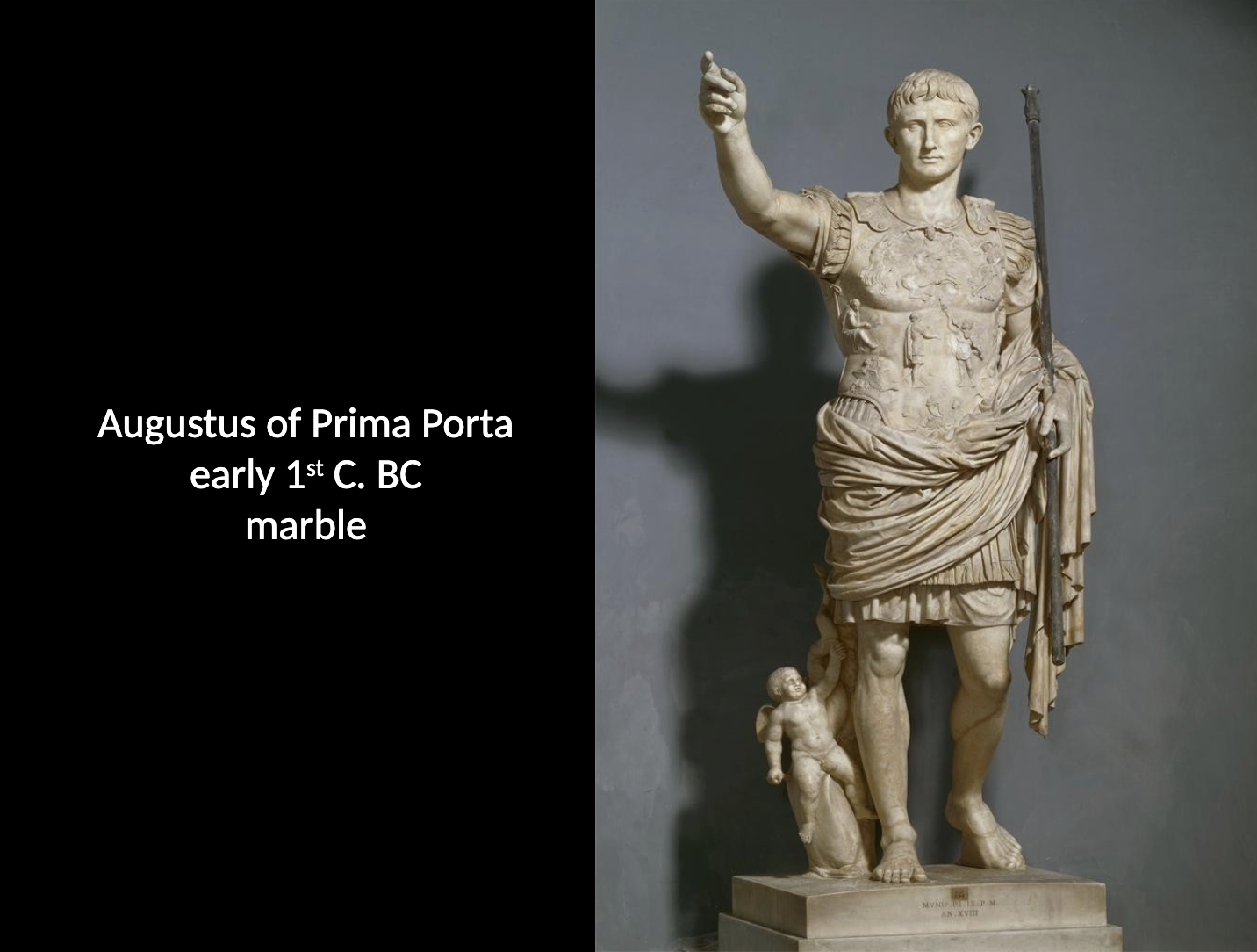 <p>Augustus of Prima porta - Marble </p><p>How is Augustus represented in the statue Augustus of Prima Porta? How does Augustus’ portraiture compare to earlier veristic portraits? </p>