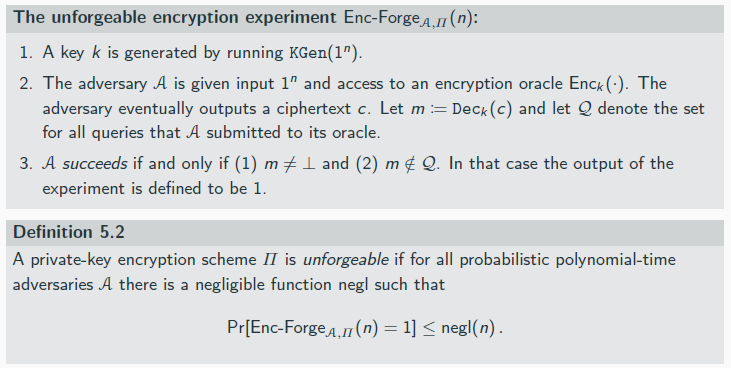 <p>achieves security and integrity</p><p>A private-key encryption scheme is an authenticated encryption (AE) scheme if it is CCA-secure and unforgeable.</p><p></p>