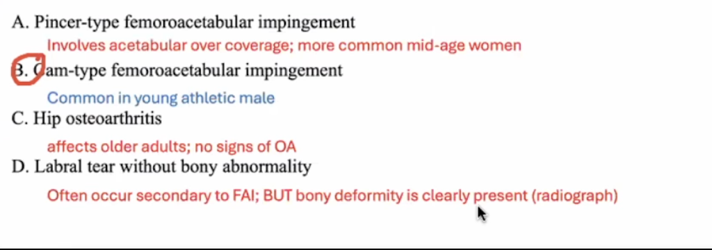 <ul><li><p>B</p></li><li><p>FADIR - classic sign of femoroacetabular impingements&nbsp;</p></li></ul><img src="https://knowt-user-attachments.s3.amazonaws.com/0f81a96b-66ca-445e-88c5-f28e131feb41.png" data-width="50%" data-align="center"><p></p>
