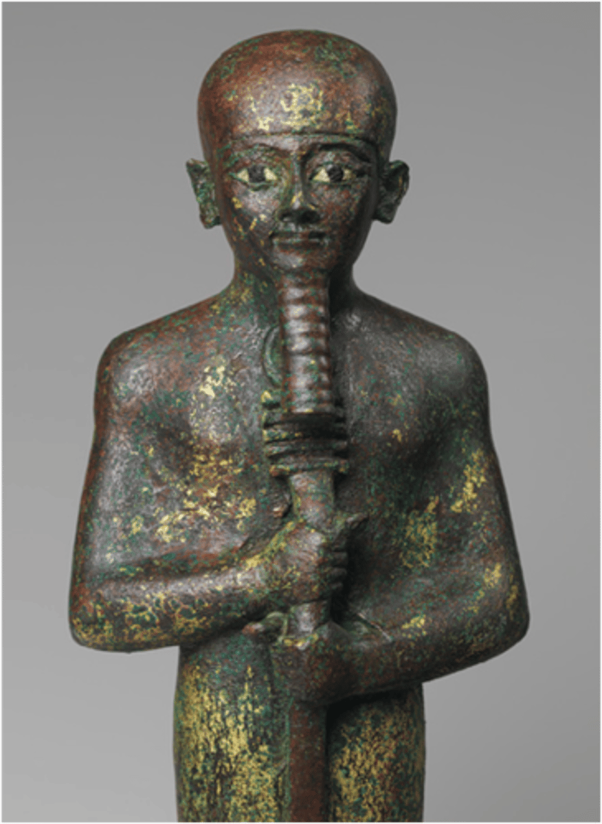 <p>creator god of Memphis</p><p>-Ptah is an ancient Egyptian creator god associated with craftsmanship, creation, and the arts, often depicted as a mummified man wearing a skullcap and holding a scepter.</p><p>-He was revered as the patron deity of craftsmen, artisans, and builders, believed to have created the world and all living beings through the power of his thought and speech.</p><p>-Ptah was worshipped primarily in the city of Memphis, where he was venerated as the chief deity and the protector of the royal necropolis.</p><p>-He was also associated with fertility and regeneration, particularly in his role as a god of creation and renewal, symbolizing the ongoing cycle of life and death in the natural world.</p>