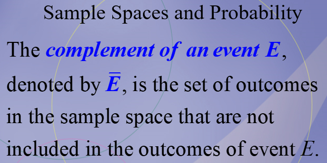 <p>The complement of an event E, denoted by E bar</p>