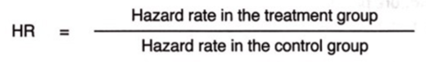 <p>In a survival analysis (analysis of death or disease progression), instead of using "risk", a HR is used</p><p>It's the rate of an unfavorable event occurring within a short period of time</p><p>Rate in tx group/ rate in control group</p><p>Similar to relative risk</p>